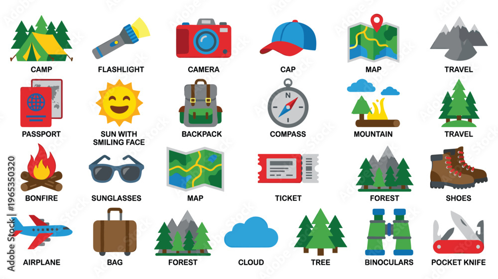Fototapeta premium Camping travel and adventure flat vector icons set for summer holiday.