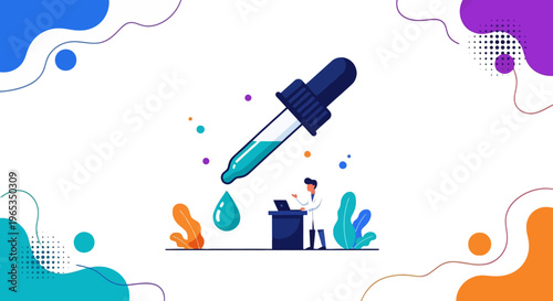 Medical professional uses a large dropper to dispense a blue liquid drop near a small scientist working on a laptop.