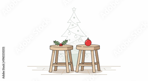 Two wooden stools with Christmas decorations in front of a faint tree outline