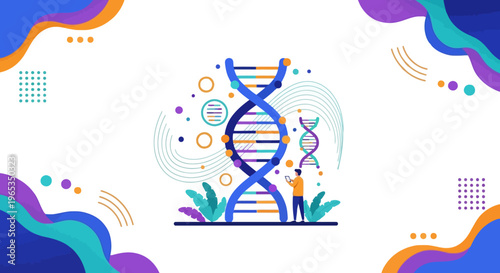 Small person stands admiring a gigantic double helix DNA structure representing genetic research and biological science.