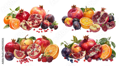 Watercolor still life illustration presenting fresh autumn harvest fruit variety including pomegranates, oranges, plums, apples, and mixed berries