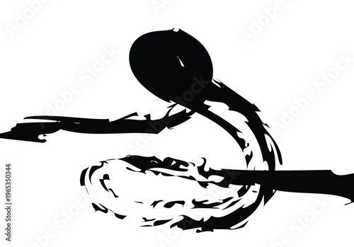 Single black brush stroke swirl abstract design element on white background with ink painting
