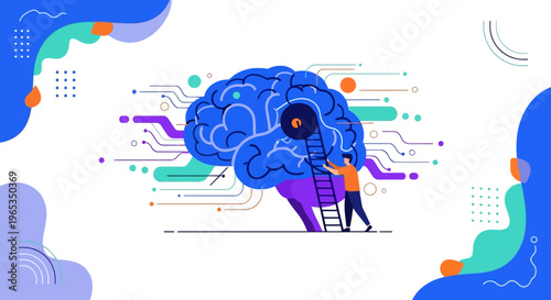 Tiny technician works on a massive blue human brain model, symbolizing mental health maintenance and complex cognitive technology processing.