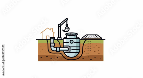 Underground septic system installation with crane near house and soil layers