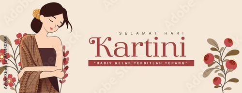 Kartini Day Banner with Indonesian Woman Wearing Traditional Batik Dress and Floral Decorations