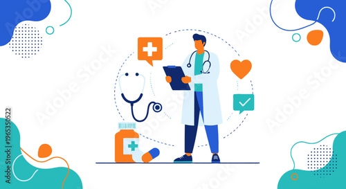 Doctor reviews patient records surrounded by medical iconography including a stethoscope, prescription bottle, and heart symbol on a white background.