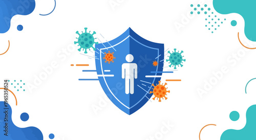 Human figure icon protected by a large blue shield repels stylized virus particles, illustrating the concept of immunity and defense.