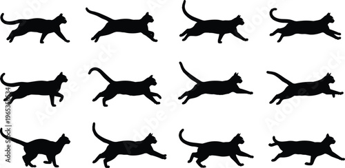 Black silhouette collection of cats in running and jumping poses isolated on white background for pet movement feline behavior and animal motion concepts.