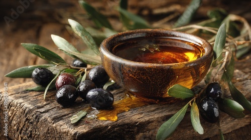 close-up of olive oil in a glass dish with green olives and olive branches, organic farming and Mediterranean cooking concept, realistic lighting and natural composition