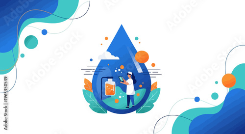 Scientist examines a vaccine or blood sample inside a large droplet symbolizing laboratory research and medical innovation for health.