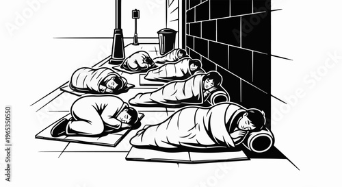 Urban scene with people sleeping outdoors on mats and in sleeping bags