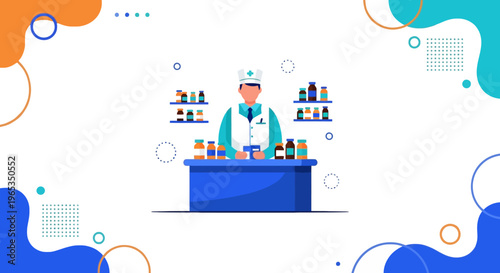 Pharmacist wearing a white coat stands behind a counter surrounded by various medicine bottles and healthcare products in a professional setting.