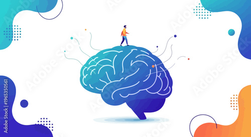 Small person stands atop a large blue brain illustration symbolizing cognitive function and mental processing in abstract design.