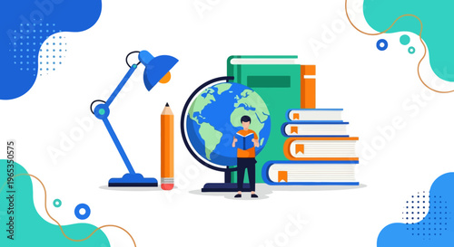 Student standing by a large globe, stack of books, and a desk lamp represents global education, learning, and academic study preparation.