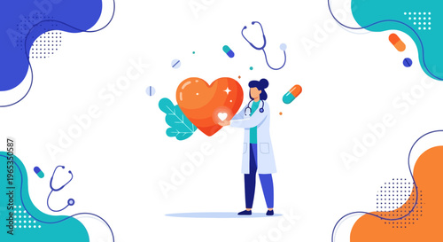 Female medical professional gently holds a large glowing heart surrounded by pills and a stethoscope, symbolizing cardiac care and cardiology services.