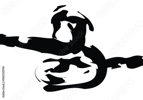 Dynamic black ink brush stroke swirling abstract form on white background with ink painting