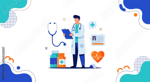 Doctor holding a clipboard stands near medical supplies including a stethoscope, prescription bottles, and a heart icon against a white background.