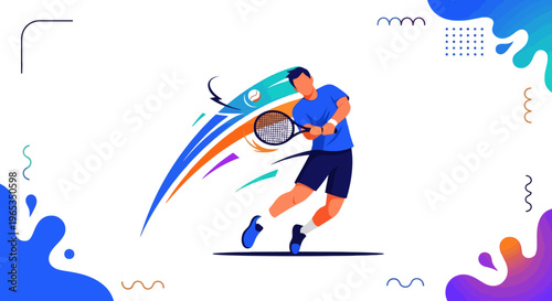 Tennis player executing a powerful forehand stroke while connecting with the ball in a vibrant, stylized motion graphic.