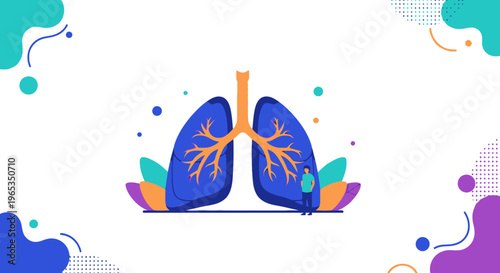 Tiny person stands near a giant anatomical illustration of human lungs, emphasizing respiratory health awareness and pulmonology care.