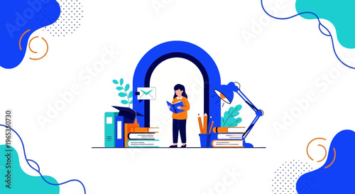 Young scholar stands inside a stylized archway, reading a book among educational supplies, symbolizing access to knowledge and opportunity.