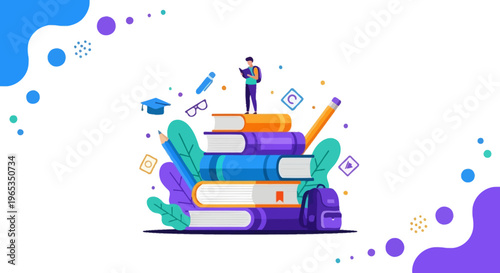 Student standing atop a tall stack of large textbooks represents academic achievement and the journey of higher education learning.