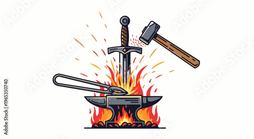 Sword being forged on anvil with hammer and tongs, surrounded by fire