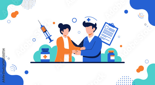 Nurse and patient shaking hands symbolizes trust and successful medical consultation, surrounded by healthcare symbols.
