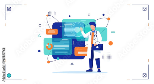 Doctor interacts with holographic data screens showing complex medical charts and analytical reports in a modern clinical setting.