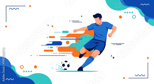 Athlete powerfully kicks a soccer ball forward, generating motion blur and speed lines that emphasize dynamic movement during a match.