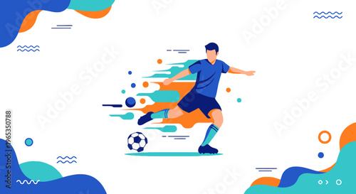 Soccer player aggressively kicking a ball forward creating motion blur effects that illustrate speed and competitive action on the field.