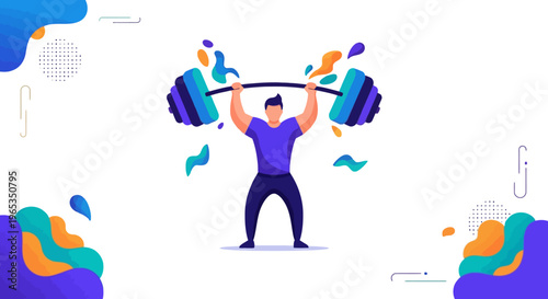 Muscular man powerfully lifting a colorful barbell overhead demonstrating strength and dedication during an intense weightlifting workout session.