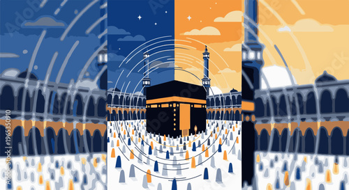 Symbolic depiction of a holy structure divided by day and night with surrounding architecture