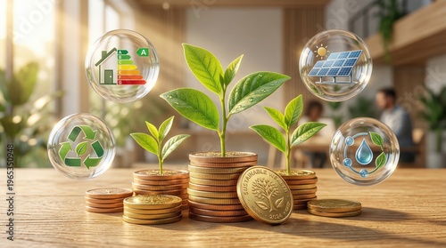 Sustainable finance concept with plants growing on coin stacks and eco friendly icons floating above symbolizing green economy and environmentally responsible investing for a brighter future