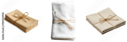 Elegantly folded cloth napkins in various neutral colors, tied with rustic twine or rope, on transparent background.