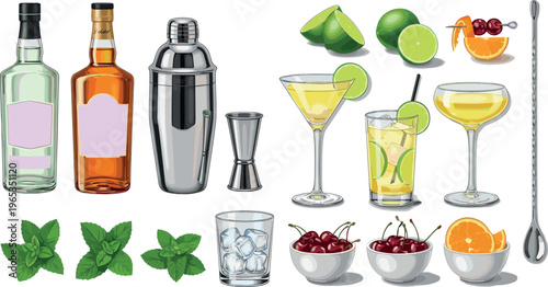 Cocktail ingredients and bar tools collection with bottles shaker citrus mint cherries glasses and garnish elements vector illustration set