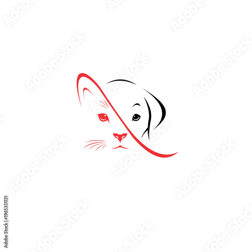 A minimalist and elegant logo featuring a combined illustration of a cat and a dog, symbolizing harmony between pets. The design uses clean, flowing lines with a creative red curved stroke that divide