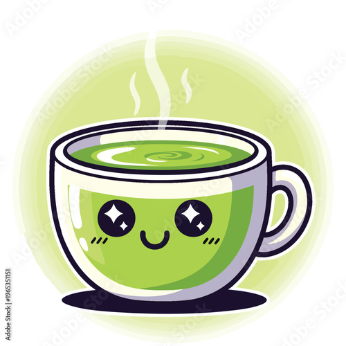 A cute, kawaii-style cartoon image. It depicts a happy teacup filled with green liquid, steam rising. Behind, a green, softly graded circle. The cup is white, has a black outline