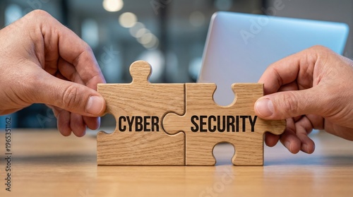Hands assembling wooden puzzle pieces with cyber security text on a desk with laptop
