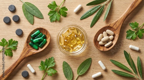 Herbal supplements and vitamins on wooden spoons and a glass jar on a wooden table with green leaves and pills scattered around