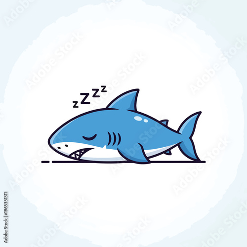 A cute, light blue shark illustration is depicted sleeping peacefully. Three "Z"s represent the sleep state. The shark is on a white background