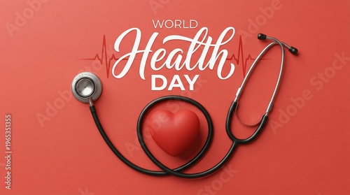 World health day concept with stethoscope and heart on red background symbolizing healthcare and wellness