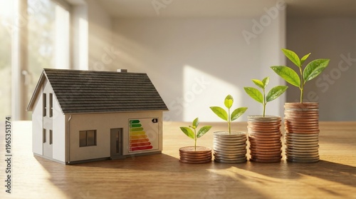 Model house with energy efficiency chart next to stacked coins and growing plants on wooden table in bright room