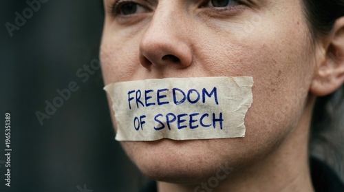 Man with tape covering mouth with freedom of speech message