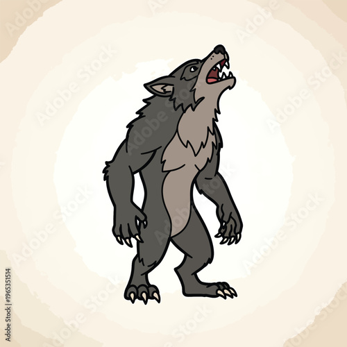 A digitally drawn, snarling wolf creature, in a humanoid pose, stands against an abstract background of beige washes
