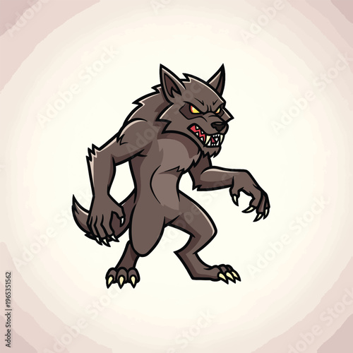 A fierce anthropomorphic beast, brown furred, stands on two legs with a snarl. Claws are sharp, eyes glowing, a menacing posture