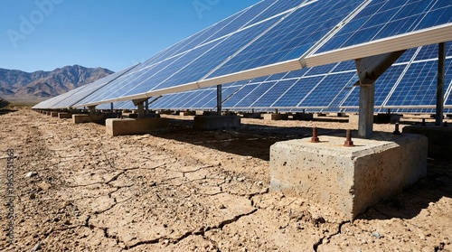 Large solar panel array in desert landscape with mountains under clear blue sky