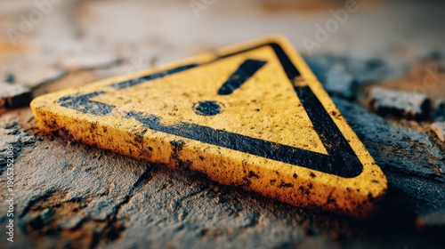 Weathered yellow warning sign with black border and exclamation mark symbol