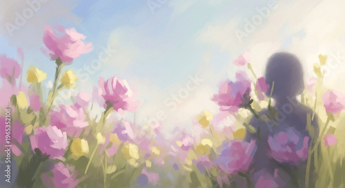 Dreamy Impressionist Painting of a Person Silhouette in a Blooming Pink Flower Field under a Soft Blue Sky