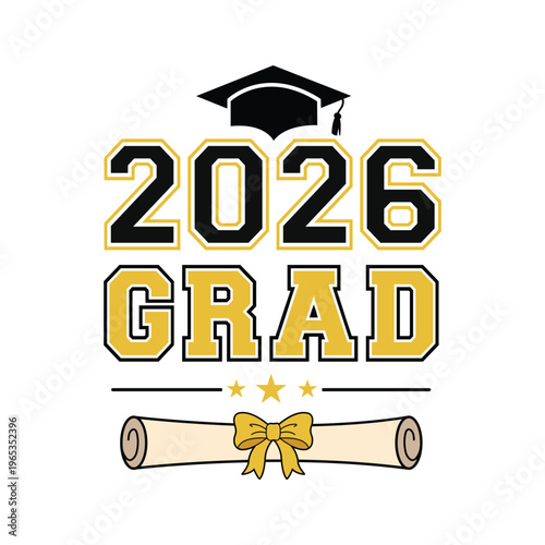 2026 Grad Varsity Typography with Diploma Vector Isolated on White Background