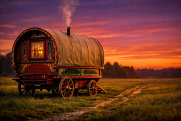 Romani vardo wagon at dusk for GRT history month Romani heritage Gypsy Roma Traveller cultural pride nomadic tradition amber violet sunset meadow with warm lamplight